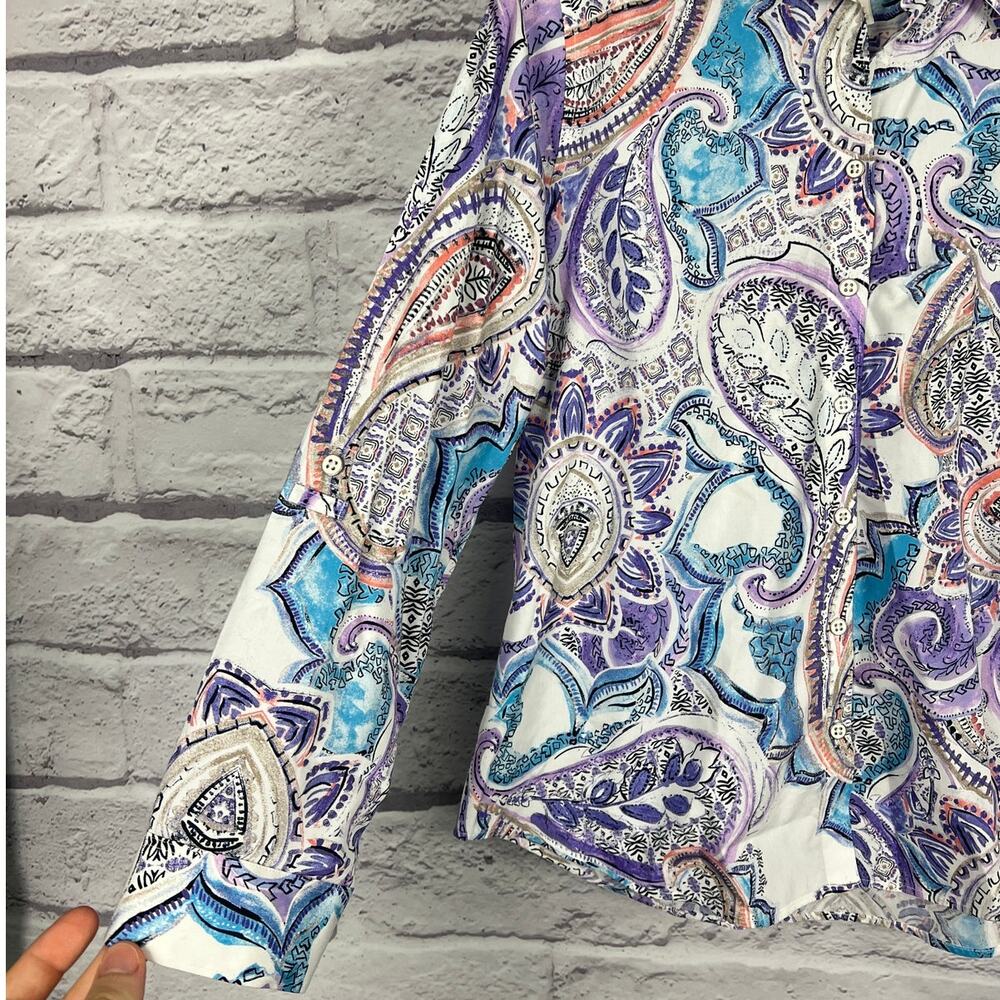 Chico's Women's M Boho Artsy Coastal Resortwear Vacation Paisley Print Blouse - Picture 5 of 13